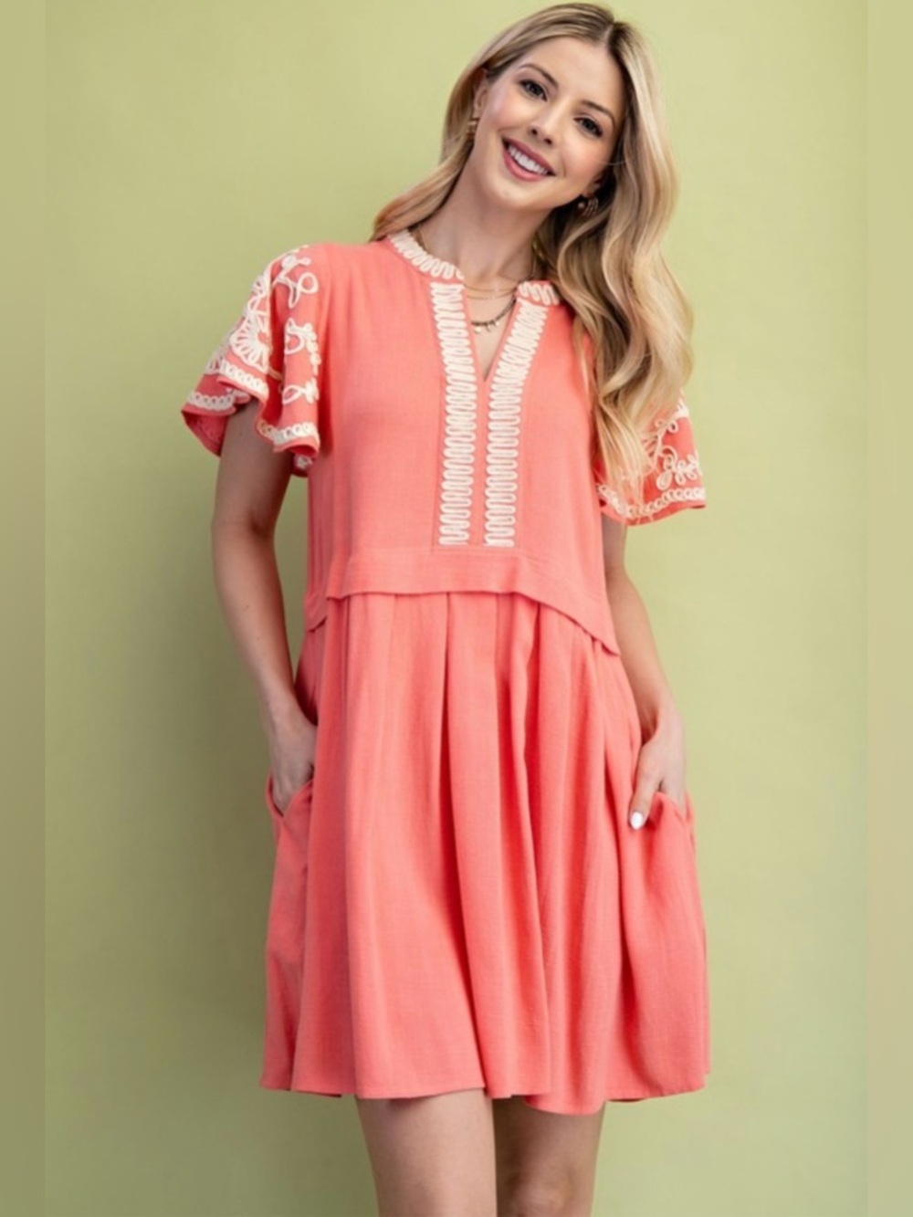 Coral Embroidered Flutter-Sleeve Mini Dress